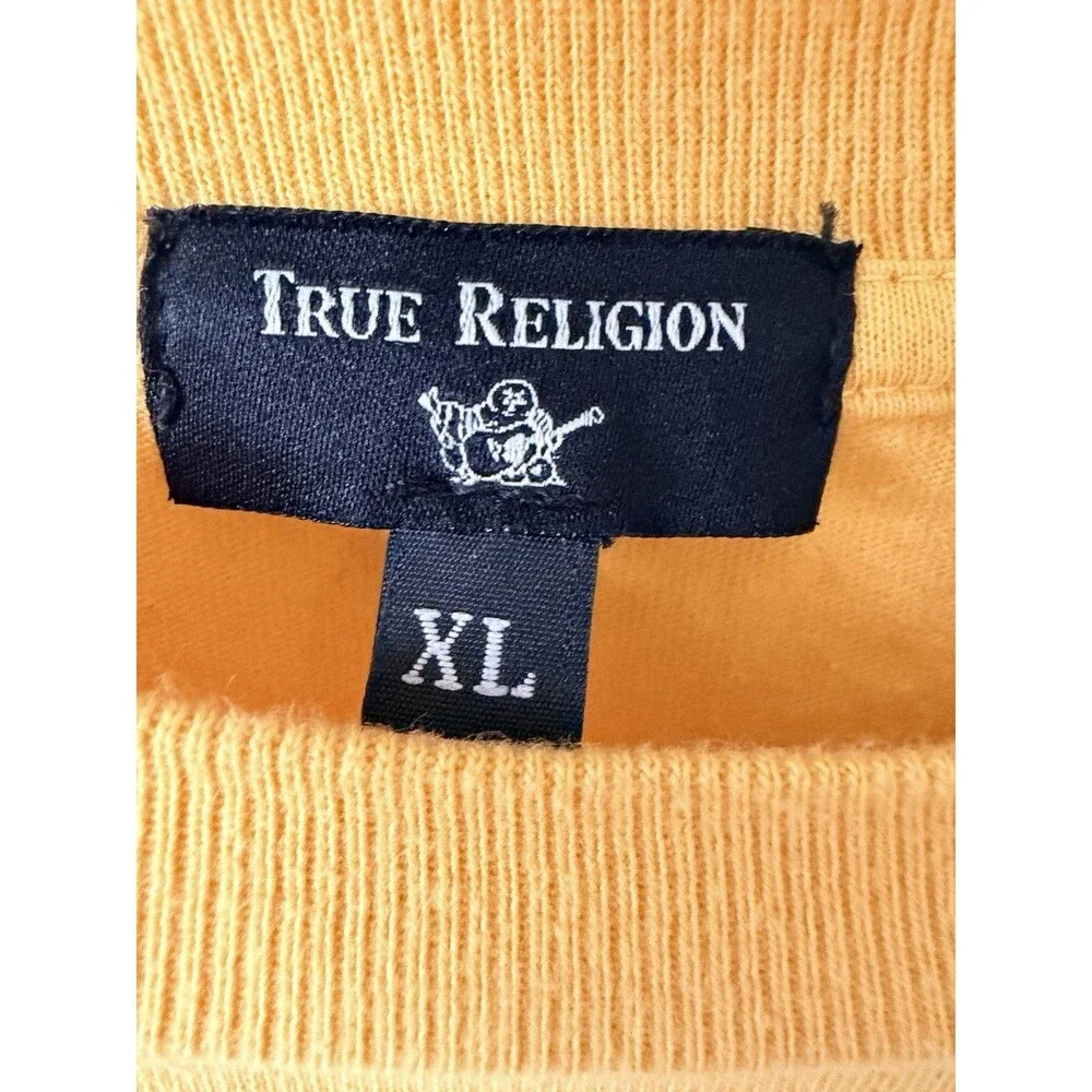 True Religion XL Long Sleeve T Shirt Yellow Embroidered Logo USA Made Cotton Y2K